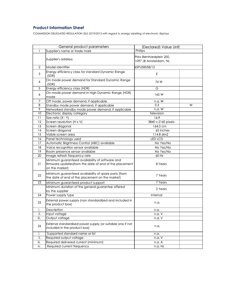 Page 1 de la notice Fiche technique Philips The One 65PUS8558