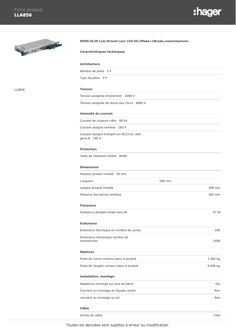 Page 1 de la notice Fiche technique Hager LLA856