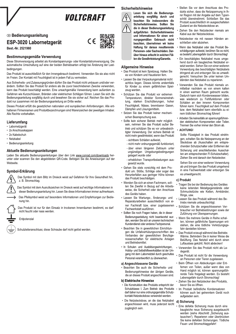 Page 1 de la notice Manuel utilisateur Voltcraft ESP-3020