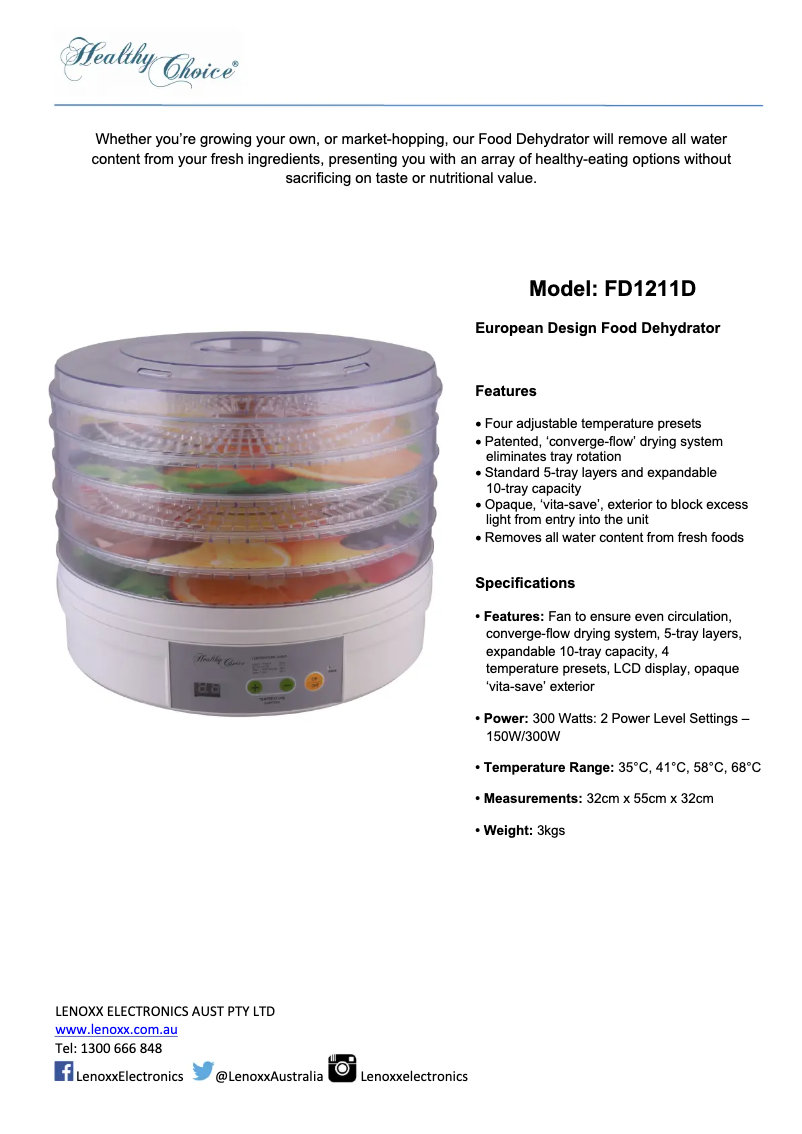 Page 1 de la notice Fiche technique Healthy Choice FD1211D