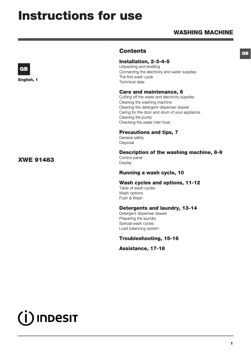 Page n°1 - Manuel utilisateur Indesit XWE 91483X WKKK UK