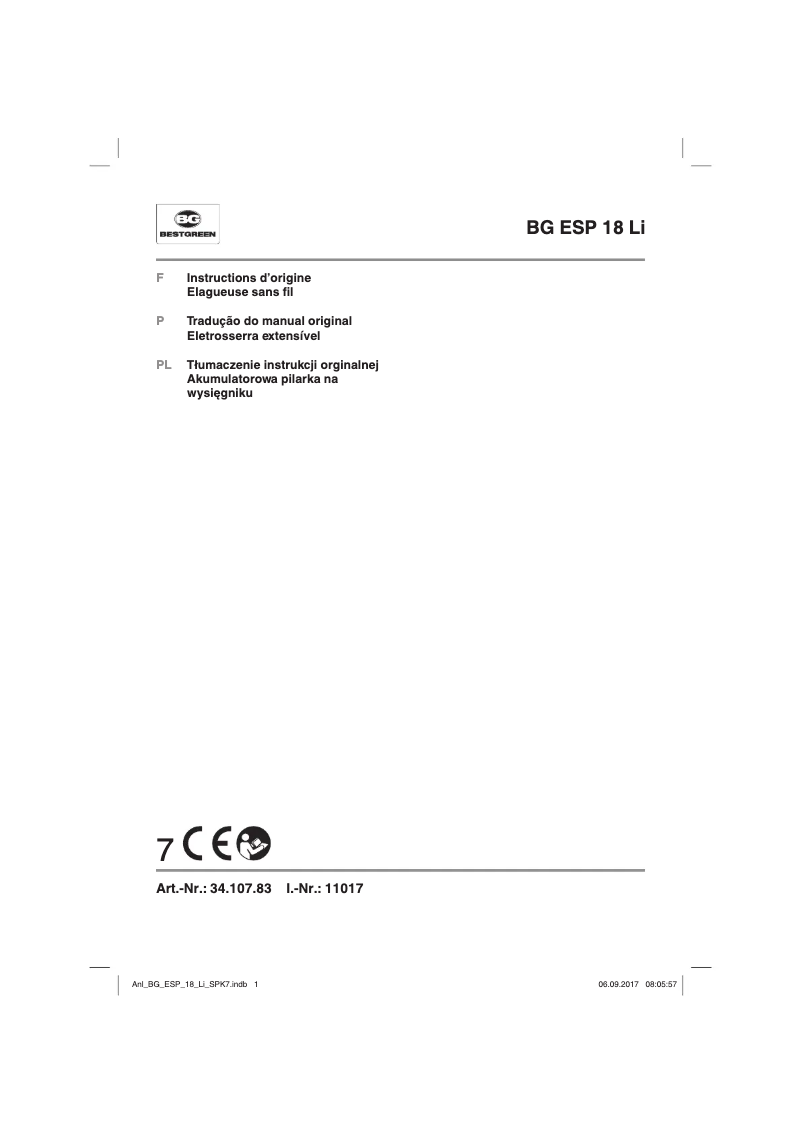 Page 1 de la notice Manuel utilisateur Bestgreen BG ESP 18 Li