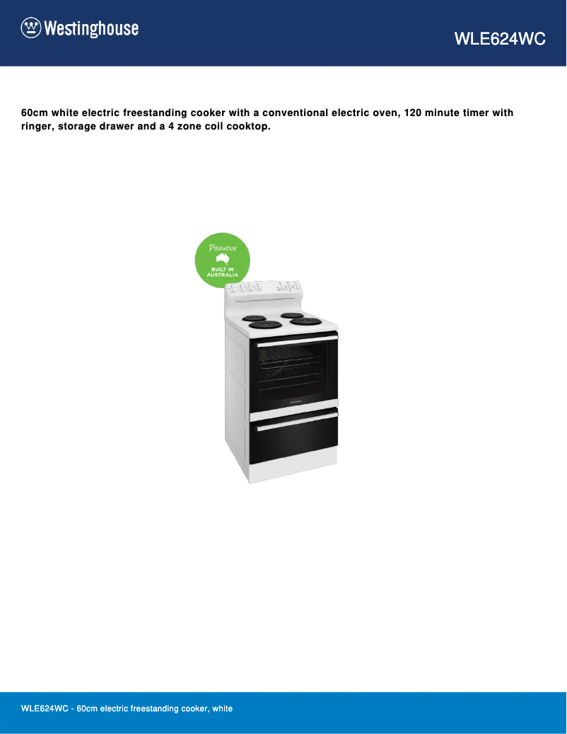 Page 1 de la notice Fiche technique Westinghouse WLE624WC