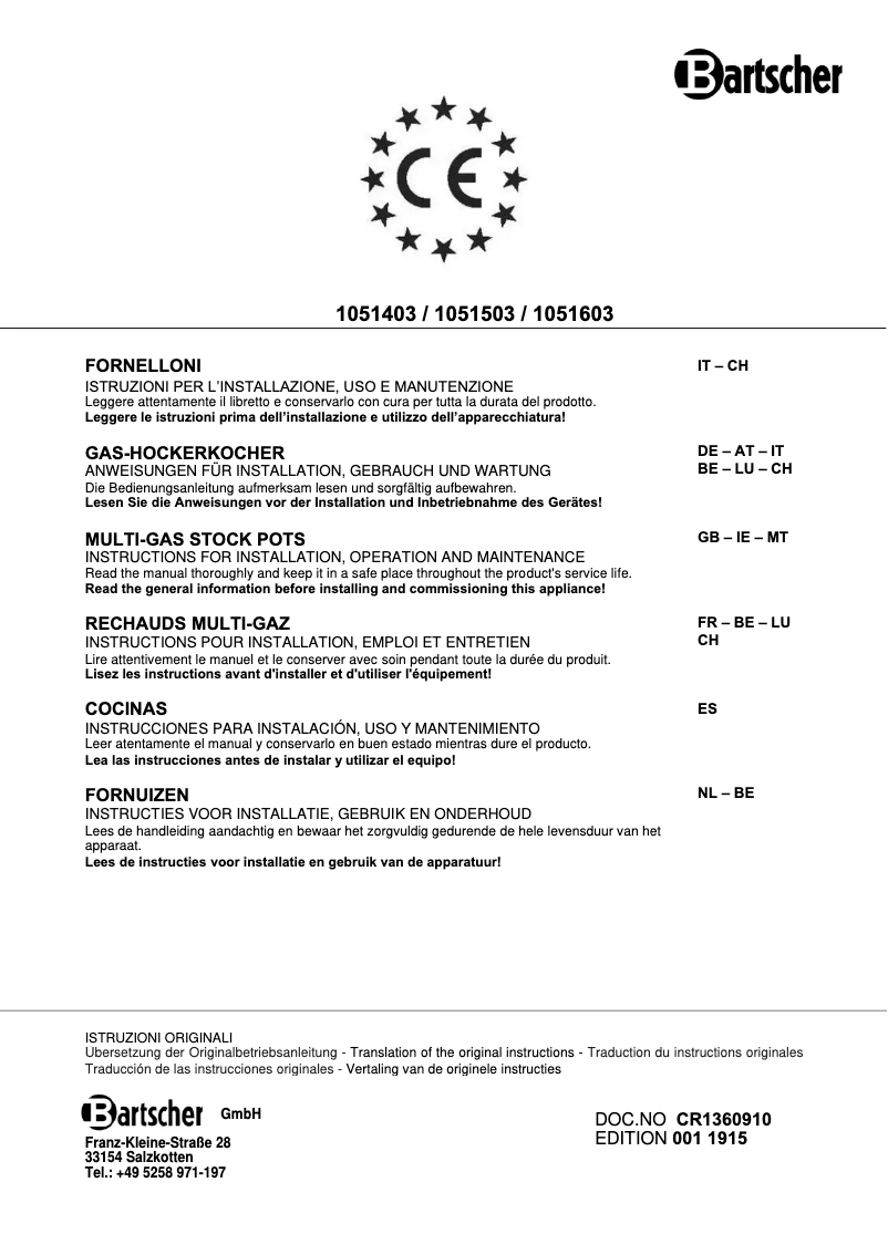 Page 1 de la notice Manuel utilisateur Bartscher G-WB 1K1250