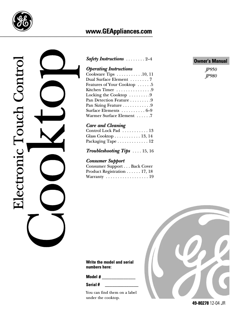 Página 1 del manual Manual de instrucciones GE JP950SKSS