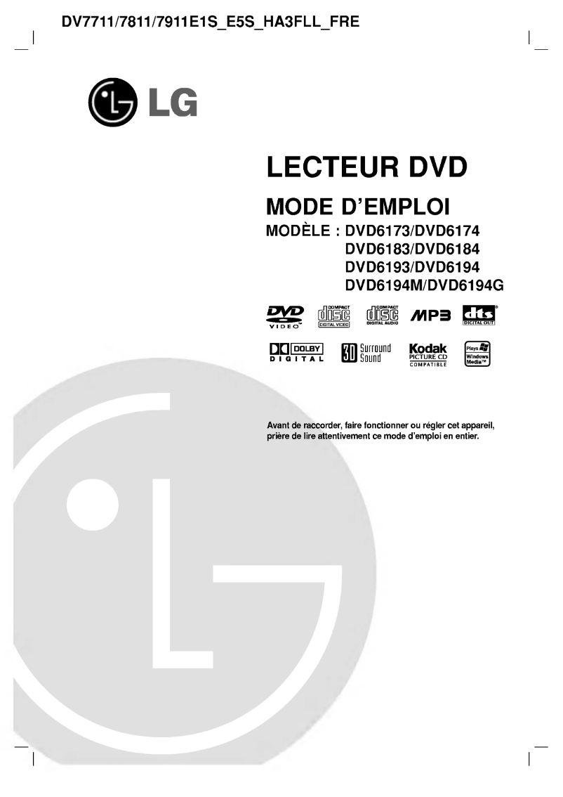 Page 1 de la notice Manuel utilisateur LG DVD6193