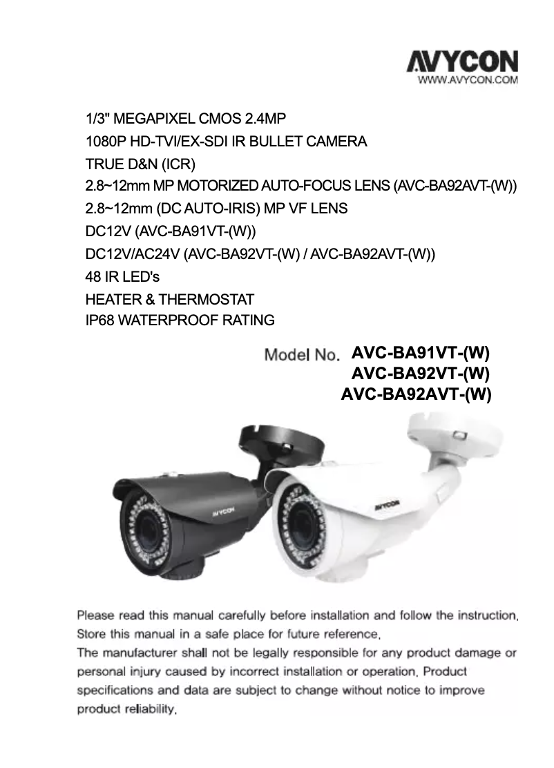 Page 1 de la notice Manuel utilisateur Avycon AVC-BA91VT-W