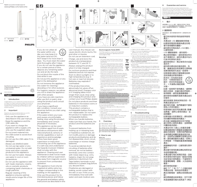 Page 1 de la notice Manuel utilisateur Philips HydraCube Portable Mist BSC601