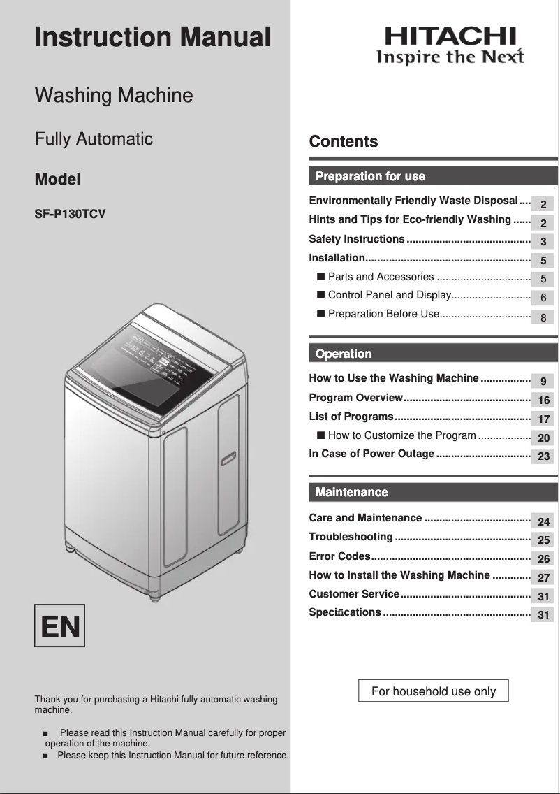 Page 1 de la notice Manuel utilisateur Hitachi SF-P130TCV