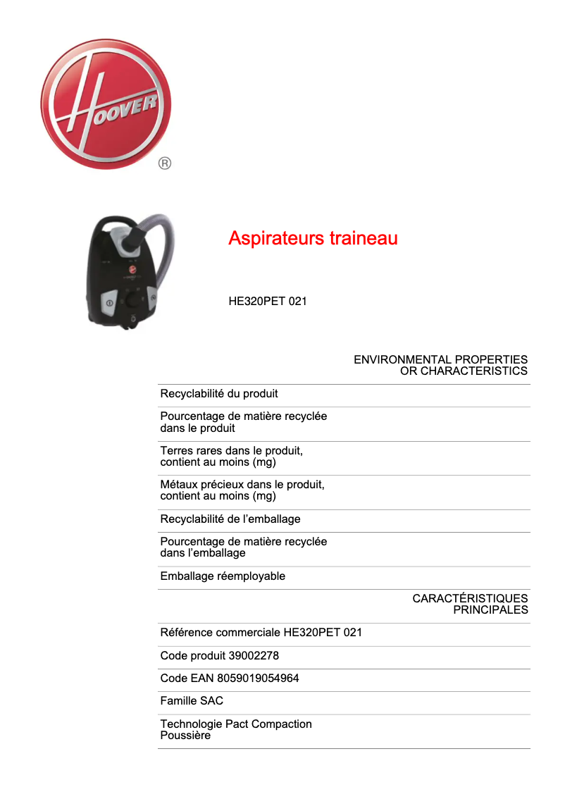 Page 1 de la notice Fiche technique Hoover HE320PET 021