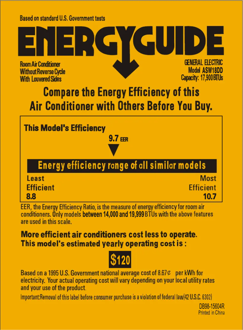 Page 1 de la notice Label énergétique GE ASW18DD