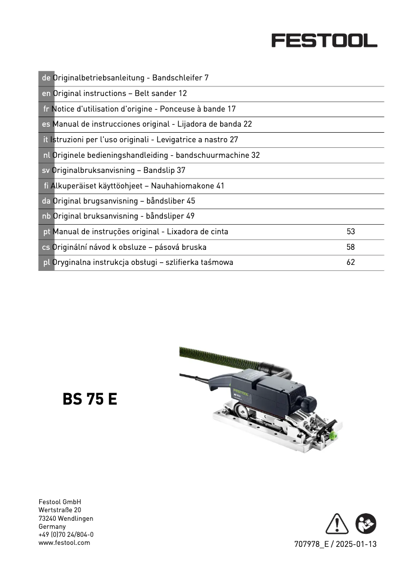 Page 1 de la notice Manuel utilisateur Festool BS 75 E-Plus