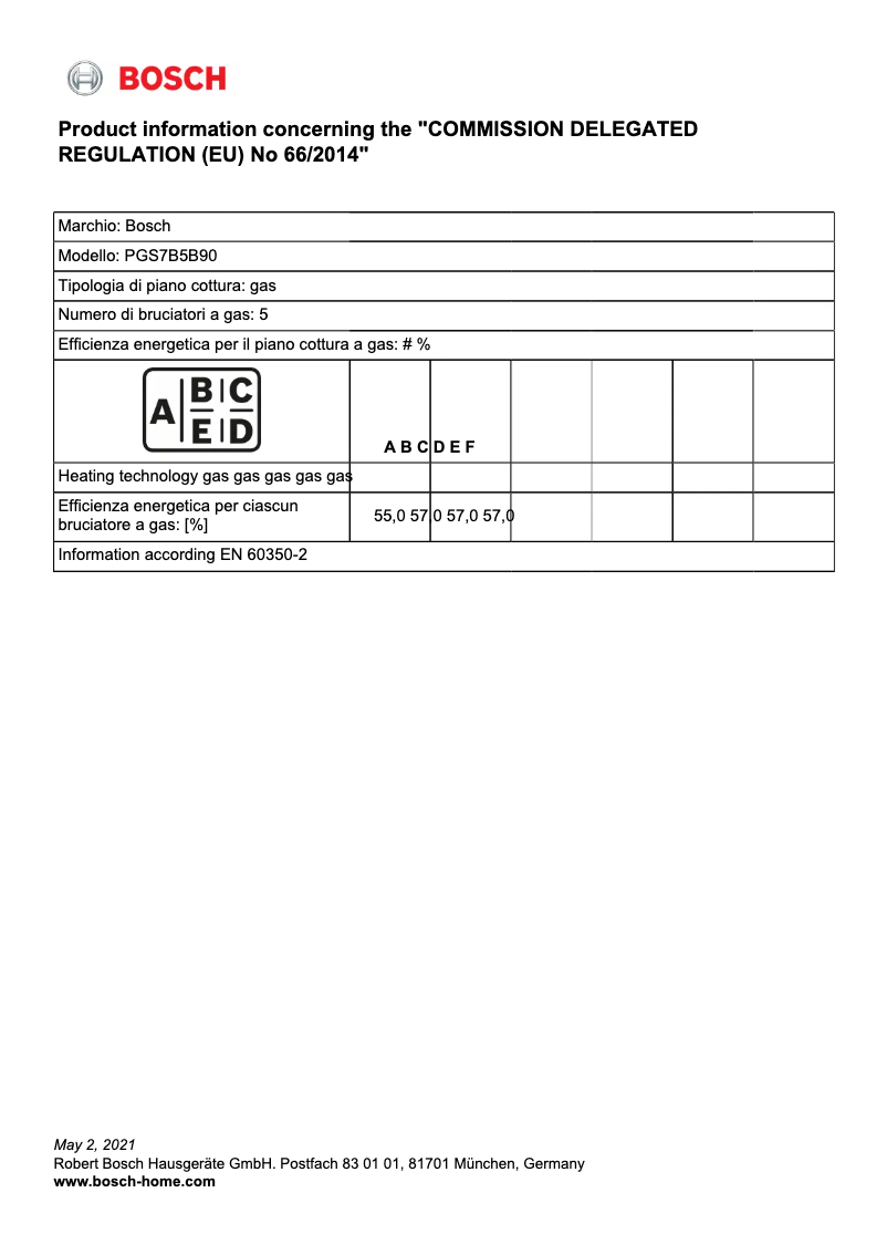 Page 1 de la notice Fiche technique Bosch PGS7B5B90