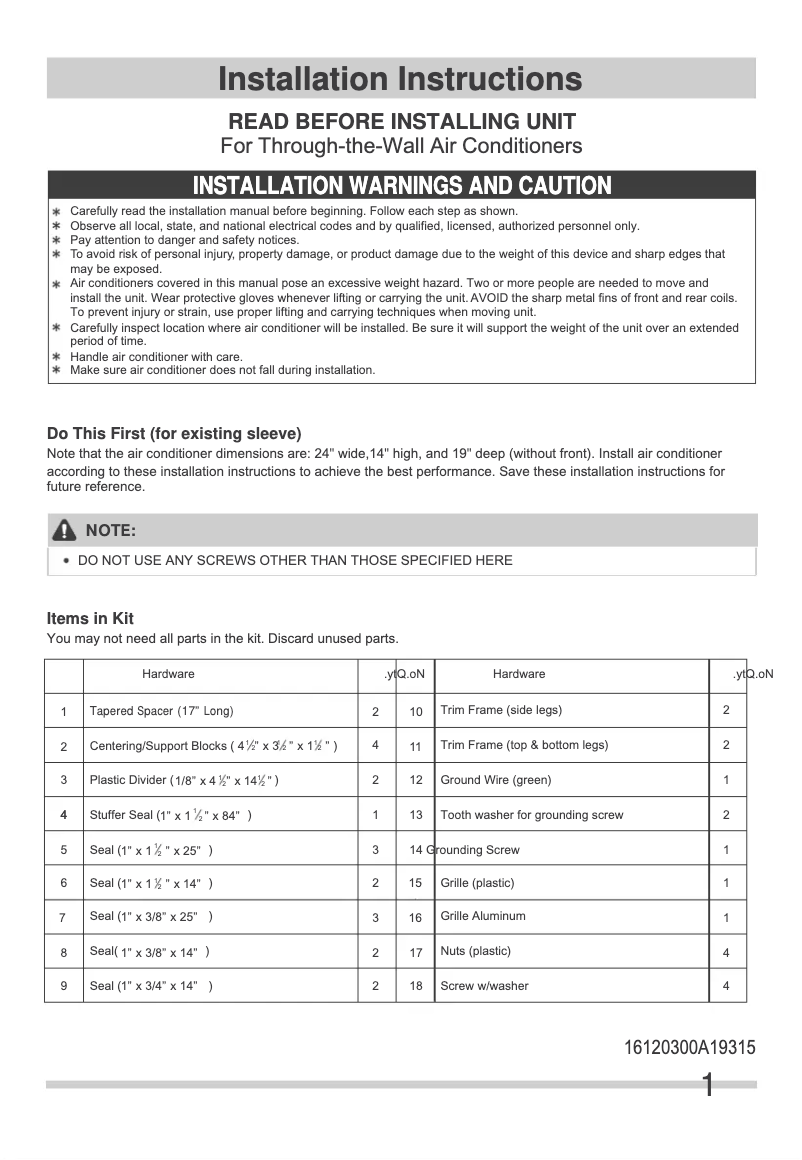 Page 1 de la notice Guide d'installation Frigidaire FHTC123WA2