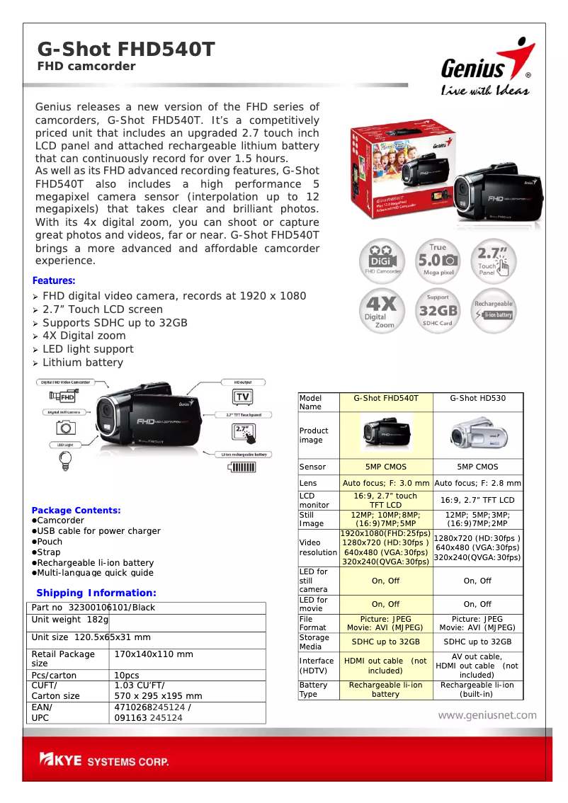 Page 1 de la notice Manuel utilisateur Genius G-Shot FHD540T