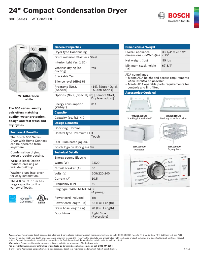 Page 1 de la notice Fiche technique Bosch WTG865H3UC