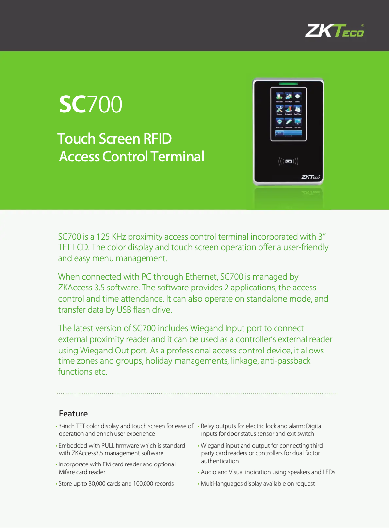 Page 1 of the manual Technical Sheet ZKTeco SC700