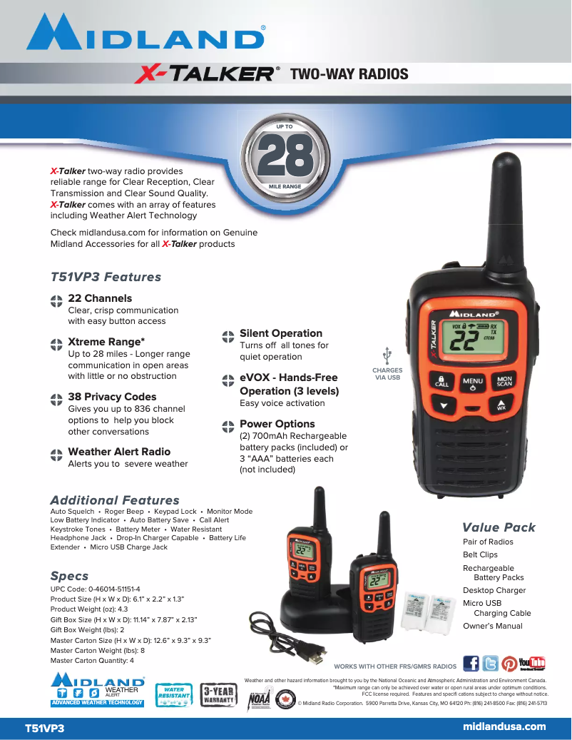 Page 1 de la notice Fiche technique Midland X-Talker T51X3VP3