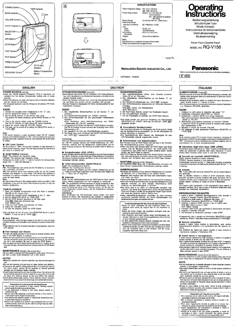 Page 1 de la notice Manuel utilisateur Panasonic RQ-V156