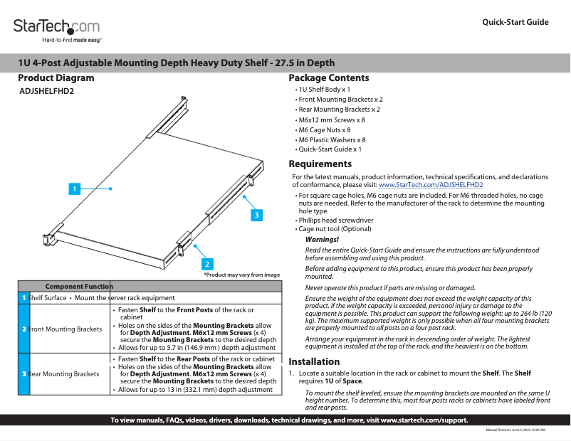 Page 1 de la notice Manuel utilisateur StarTech.com ADJSHELFHD2