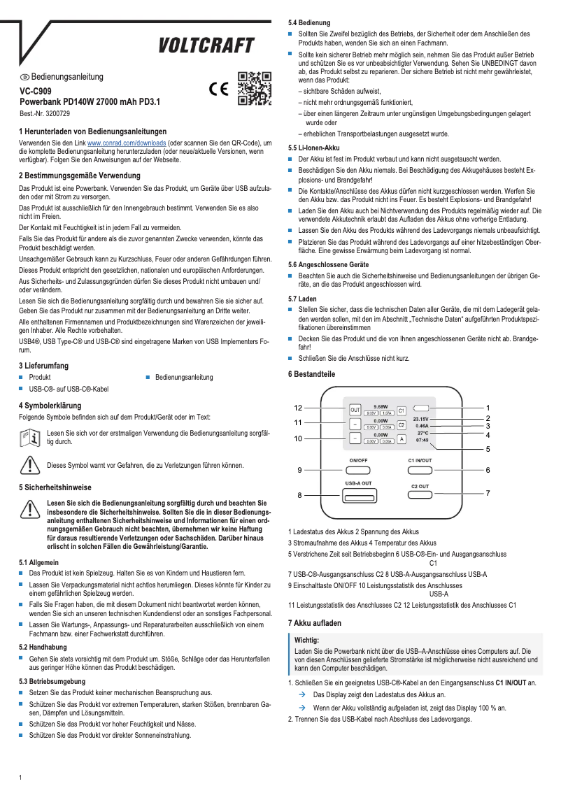 Page 1 de la notice Manuel utilisateur Voltcraft VC-C909
