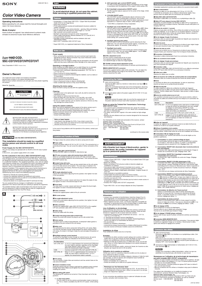 Page 1 de la notice Manuel utilisateur Sony SSC-CD73V