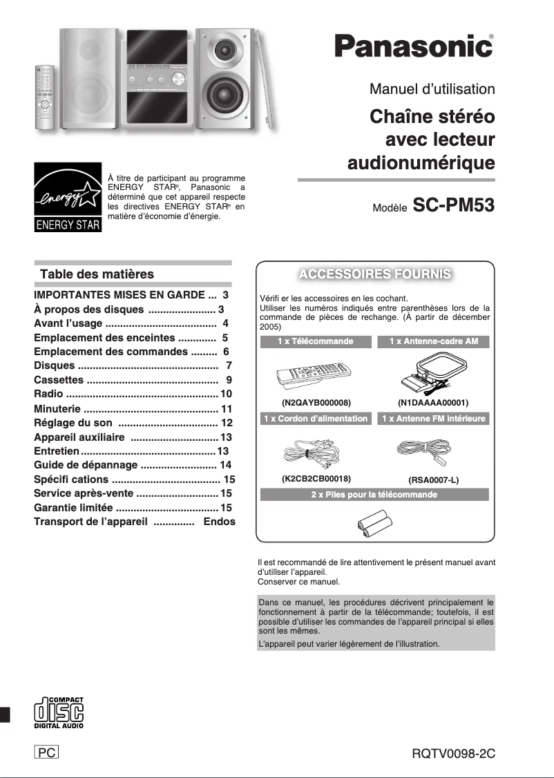 Page 1 de la notice Manuel utilisateur Panasonic SC-PM53