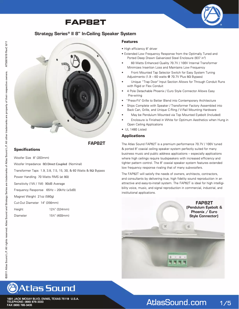 Page 1 de la notice Mode d'emploi Atlas Sound FAP82T