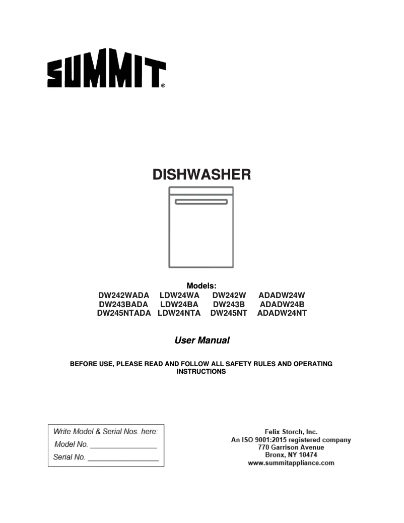 Page 1 de la notice Manuel utilisateur Summit DW244SSADA