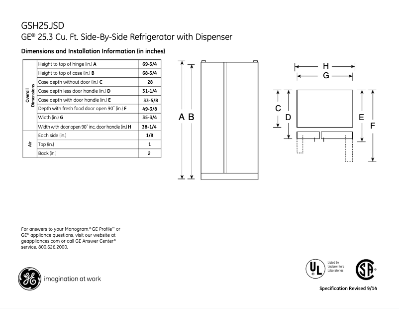 Page 1 of the manual Technical Sheet GE GSH25JSDSS