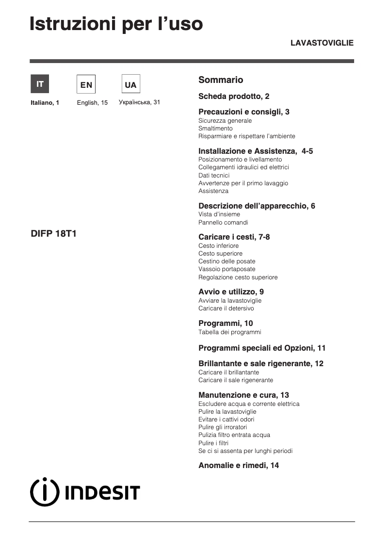 Page n°1 - Manuel utilisateur Indesit DIFP 18T1