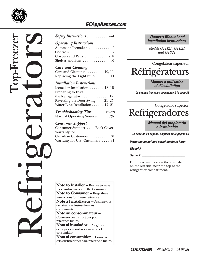 Page 1 de la notice Manuel utilisateur GE GTH21KCXCC