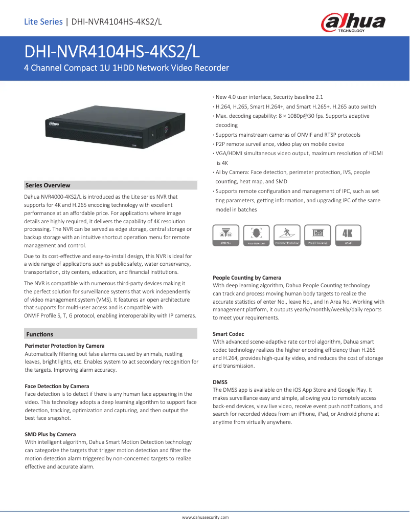 Page 1 de la notice Fiche technique Dahua Technology NVR4104HS-4KS2/L