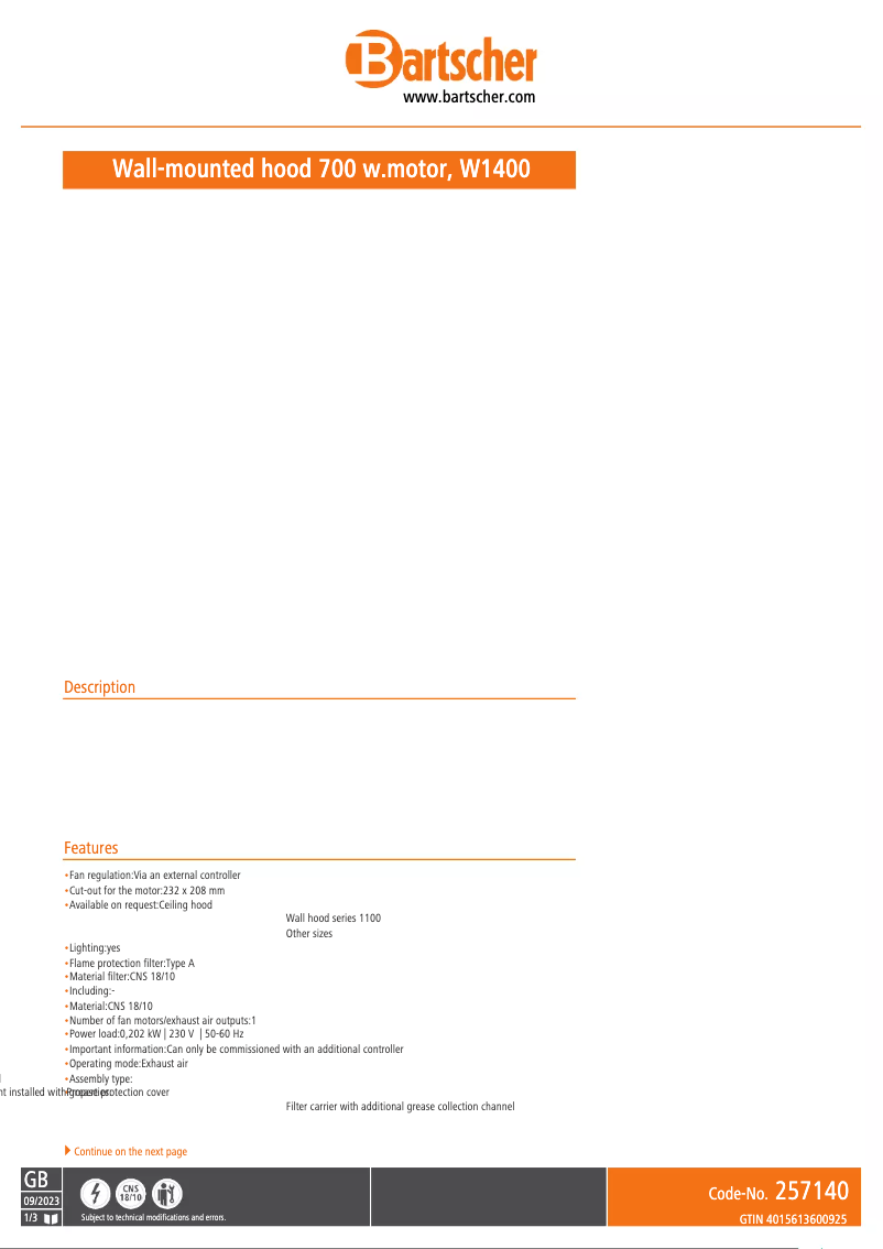 Page 1 de la notice Fiche technique Bartscher 264140