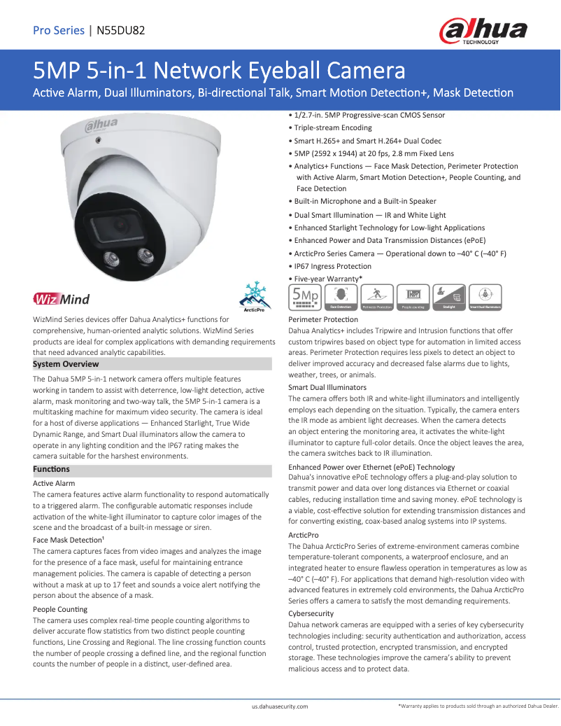 Page 1 de la notice Fiche technique Dahua Technology N55DU82