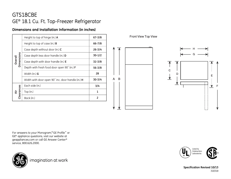 Page n°1 - Fiche technique GE GTS18CBEBB