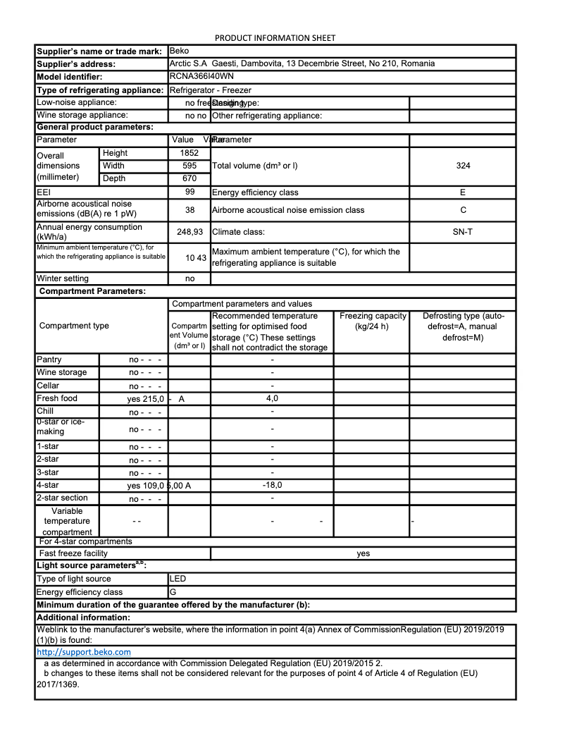 Page 1 de la notice Fiche technique Beko RCNA366I40WN