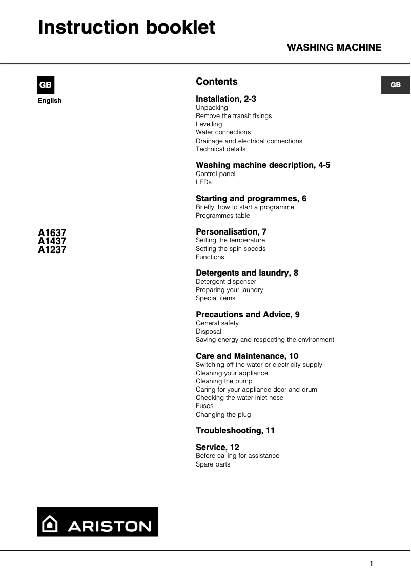 Page 1 de la notice Manuel utilisateur Ariston Thermo A1237