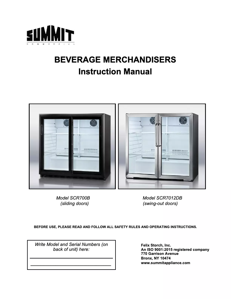 Page 1 de la notice Guide d'installation Summit Commercial SCR7012DCSS