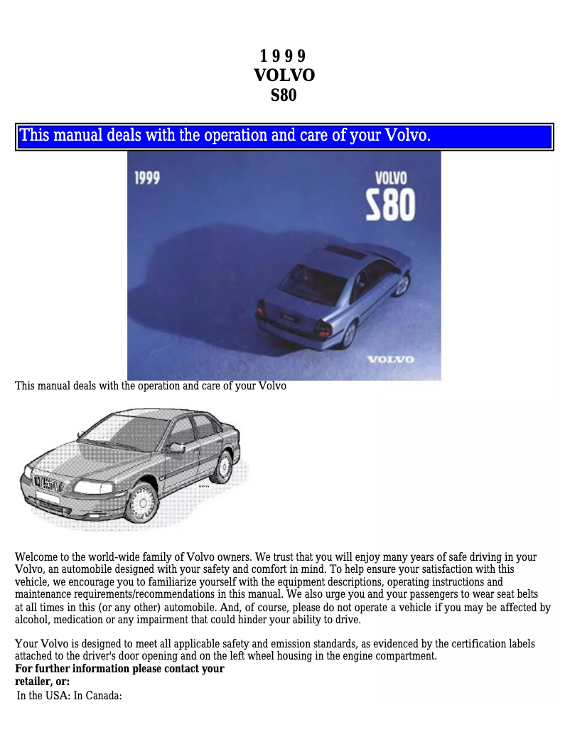 Page 1 of the manual User Manual Volvo S80 (1999)