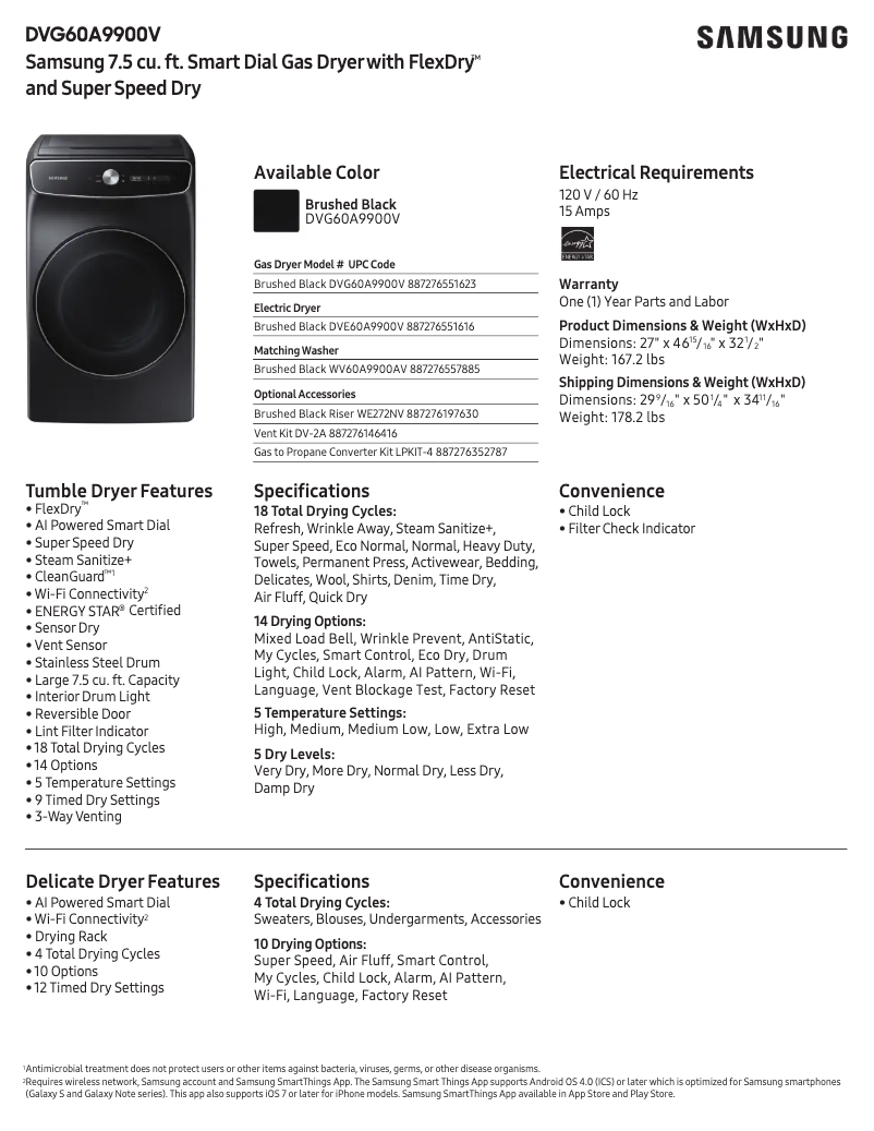 Página 1 del manual Ficha técnica Samsung DVG60A9900V