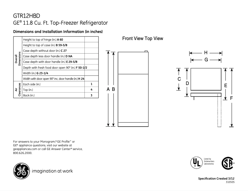 Page n°1 - Fiche technique GE GTL12HBDBS