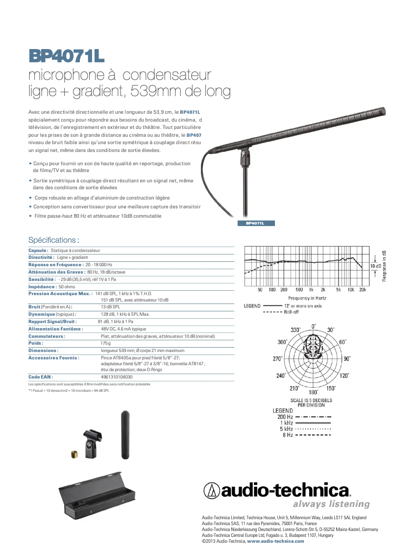 Page 1 de la notice Guide de démarrage rapide Audio-Technica BP4071L