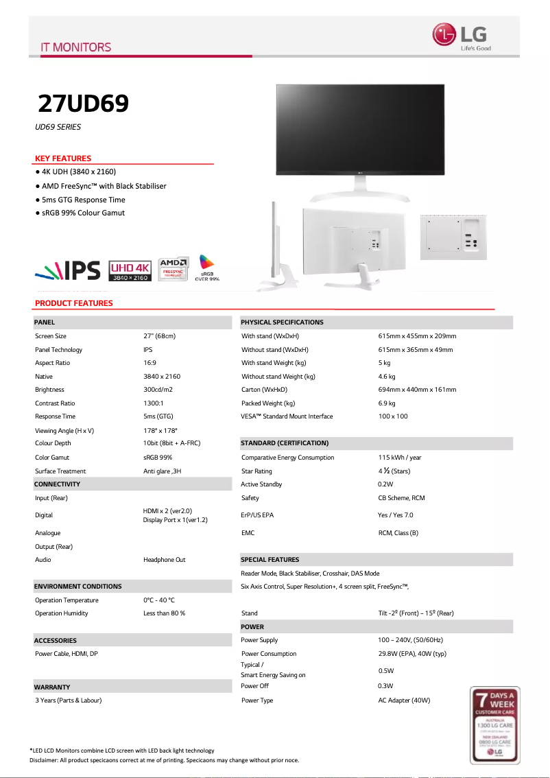 Page 1 de la notice Fiche technique LG 27UD69-W