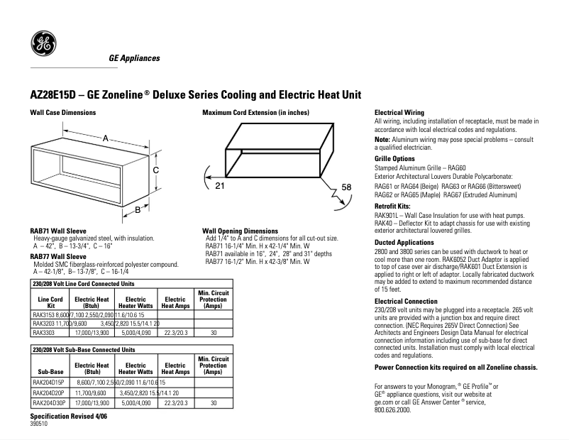 Page 1 de la notice Fiche technique GE AZ28E15DAB