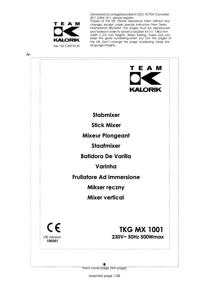 Page 1 de la notice Manuel utilisateur Kalorik TKG MX 1001