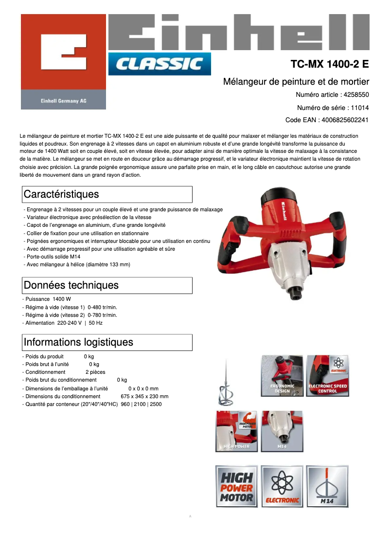 Página 1 del manual Ficha técnica Einhell TC-MX 1400-2 E