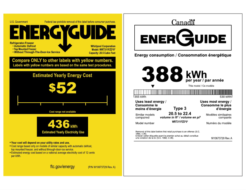 Page 1 de la notice Label énergétique Whirlpool WRT311FZDW