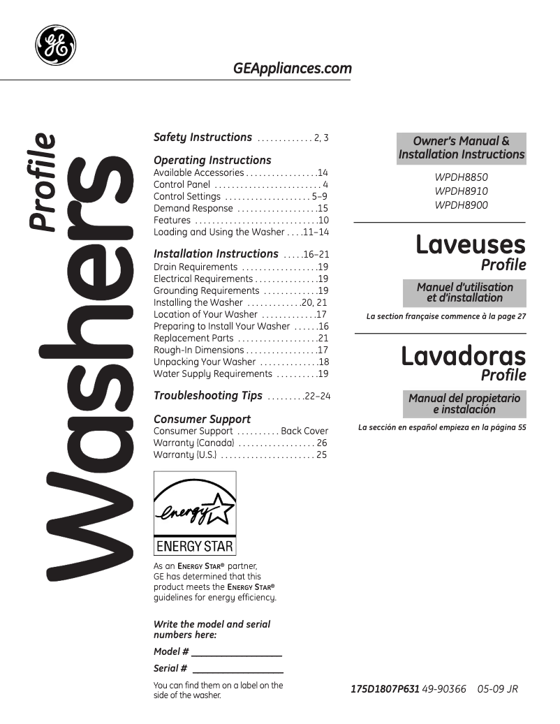 Página 1 del manual Manual de usuario GE WPDH8900JMG