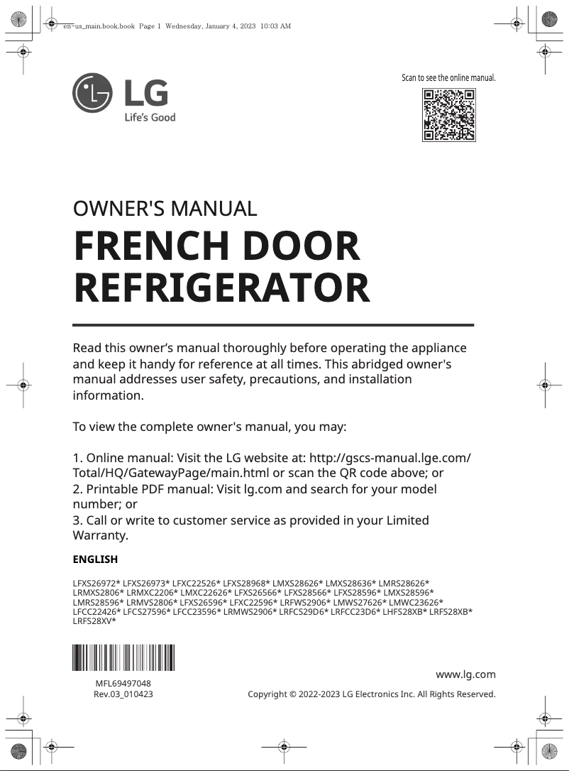 Page 1 de la notice Manuel utilisateur LG LFXS28566M